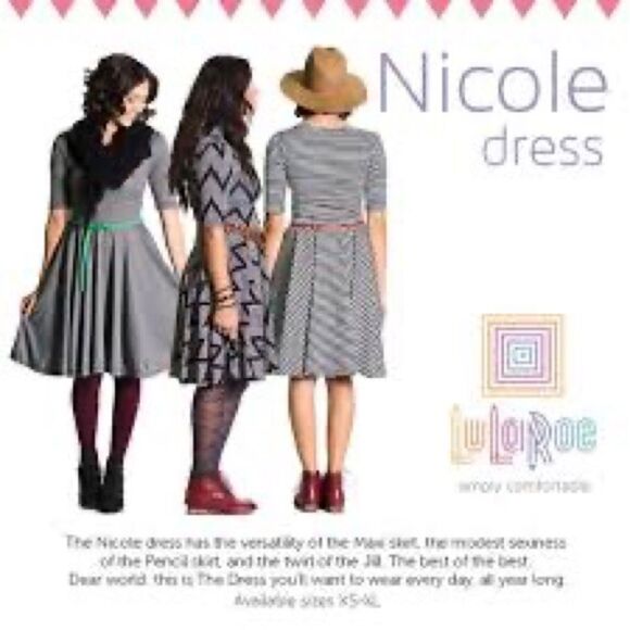 ✨LuLaRoe Blue & Taupe Patterned Nicole Dress - Picture 7 of 8